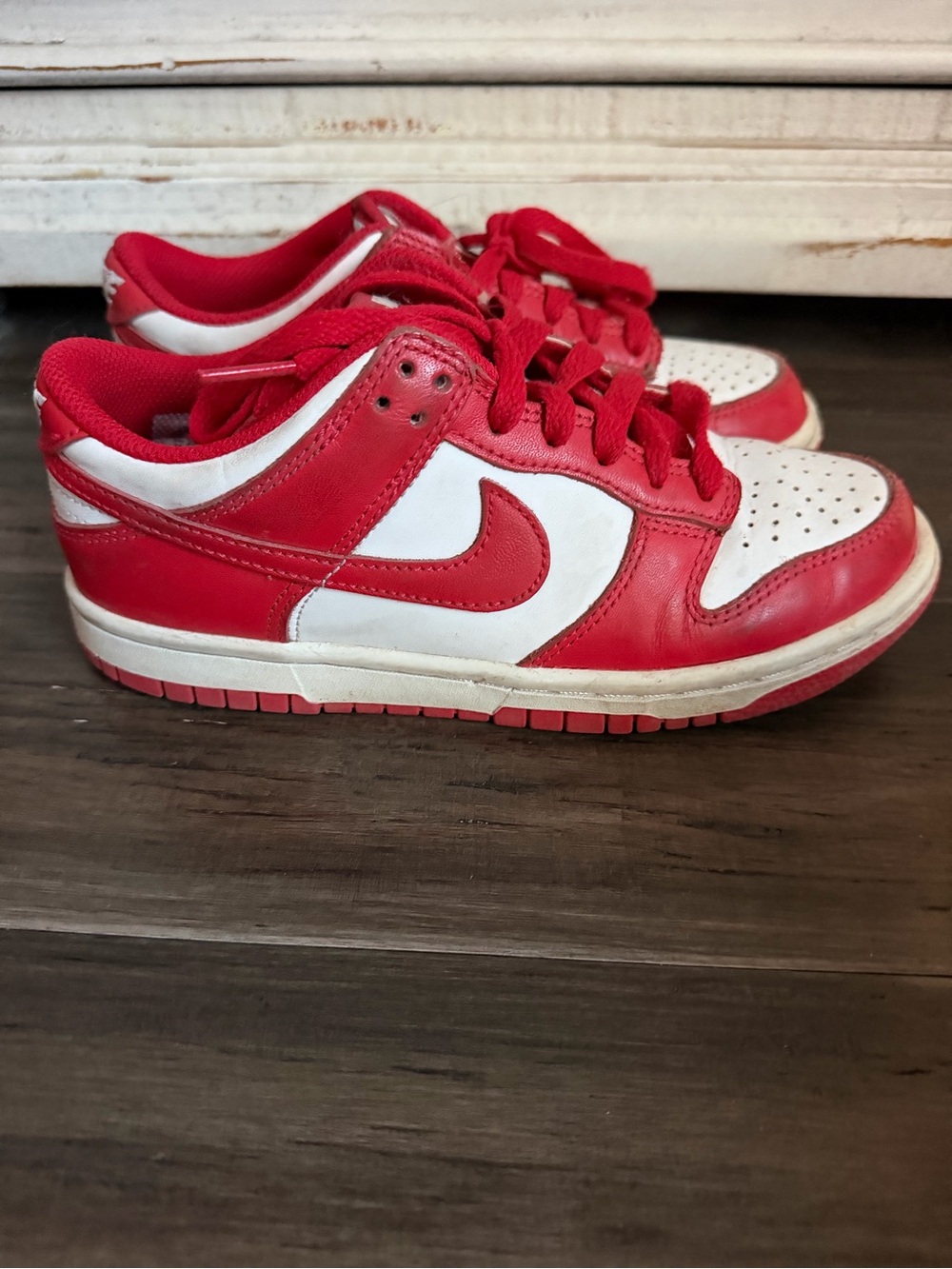 Nike Kids Red and White Low-Top Sneakers with Swoosh